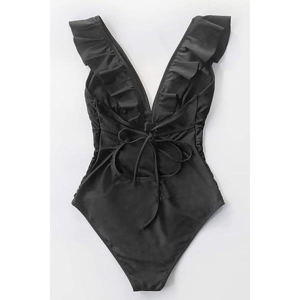 IC (Svart) V-ringad Monokini baddräkt i ett stycke med snörning och volanger
