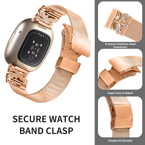 Rostfritt stålarmband för Fitbit Versa3/4/Sense 2 Rose guld Rose guld