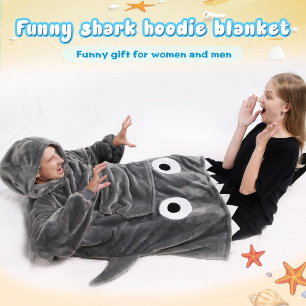 Shark Hoodie Filt för vuxna, Shark Bärbar filt Sweatshirt Svart