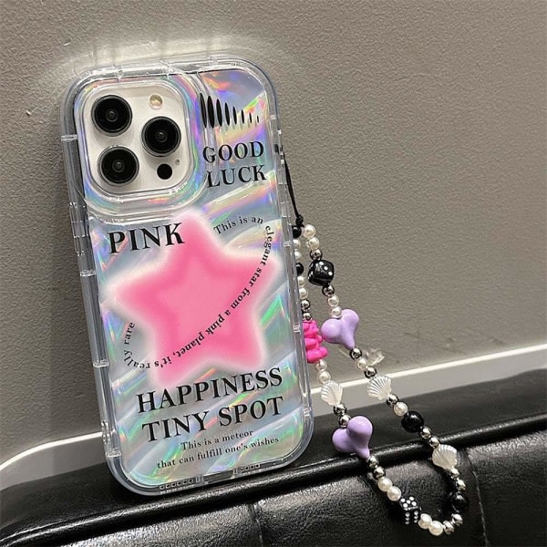 IC Case for iPhone 14 med telefonberlock/kedja, glittrande rosa stjärnmönster Klart sött phone case ja Pearl Love