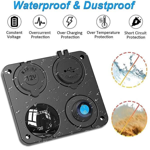 Boat RV 12V Charging Socket Panel, 4 In 1 DC Power 12V Socket Panel Multi USB Fast Charger With Switch