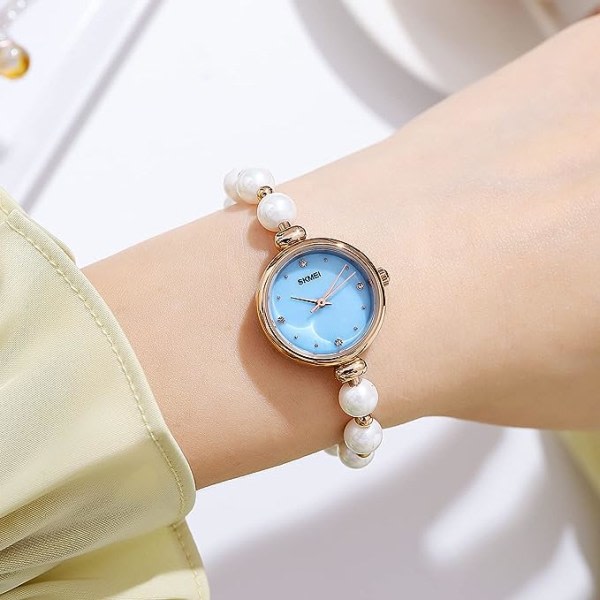 IC Klockor för kvinnor Elegant set Rose Gold Strass Watch med naturliga pärlor Armband Damarmband Klockor