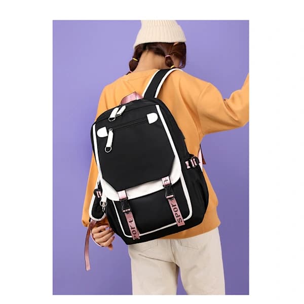 School Bag Large Capacity Backpack Multi-layer Shoulder Bag - Black with White