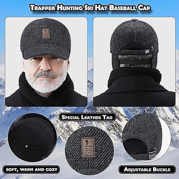 Baseballcaps med øreklaffer Ullvinterlue Ull Varm Vinter Baseballcaps Varm Lue, Mørkegrå
