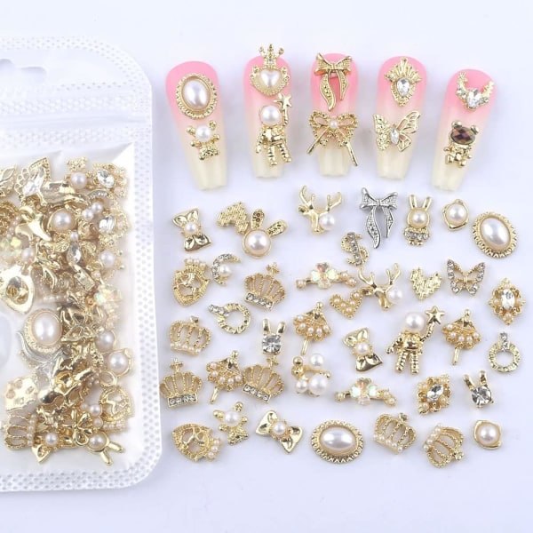 IC 50 stk guld negleberlocker til akrylnegle, bland stilarter glitrende perle legering negle strass Blomst Sommerfugl Hjerte Stjerne Charms