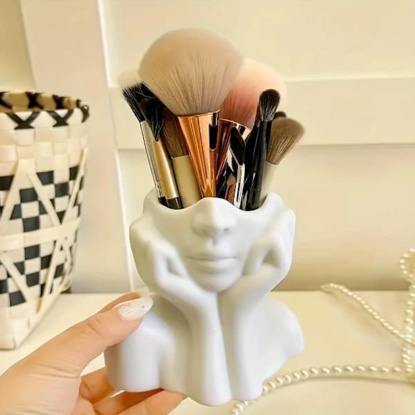 1 x Elegant White Ceramic Textile (Vinyl) Makeup Brush Holder - Face Styling Dressing Table Storage Box 1pc 1个