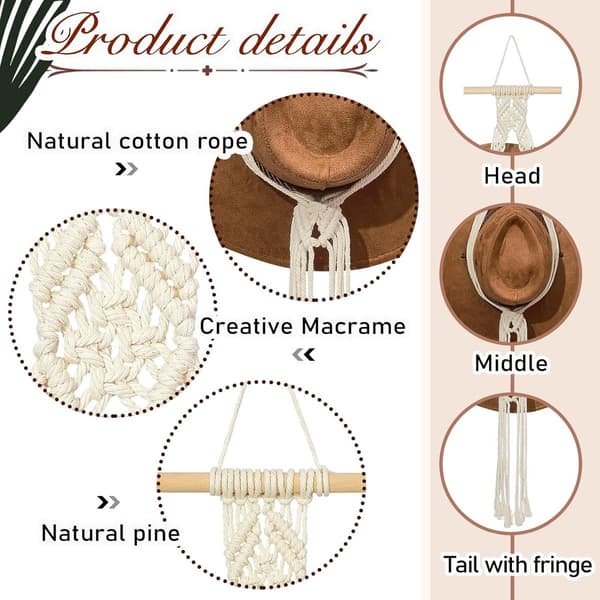 White - Simple Top Model - Bohemian Hat Rack - Cowboy Hat Rack - Behind Door Hat Storage - Hat Storage - Easy to Install