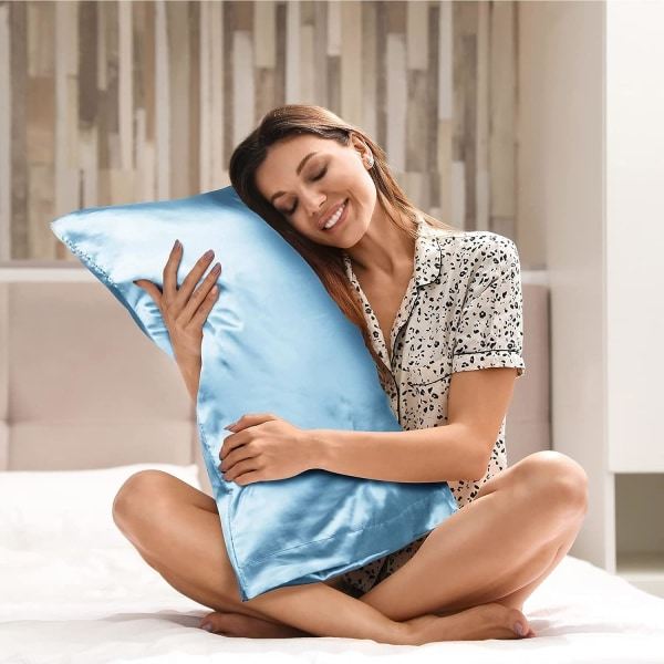 IC Satin tyynynpäällinen hiuksille ja iholle, King-tyynynpäällinen 2-pakkauksessa, superpehmeä silkki-sininen kuori suljetulla kuorella (20x40 tuumaa)