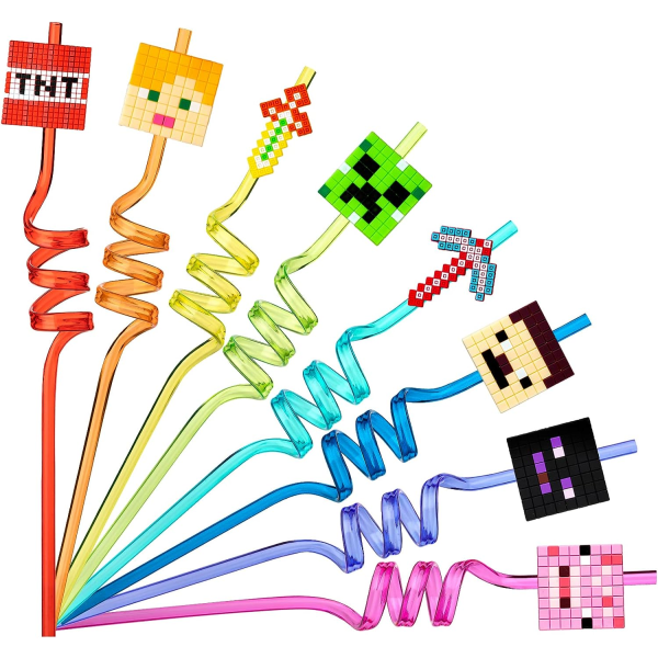 IC 24 st Minecraft Födelsedagsfesttillbehör Återanvändbara Sugrör, 8 Mönster med Pixeltema Festfavoriter med 2 Rengöringsborstar MWXG