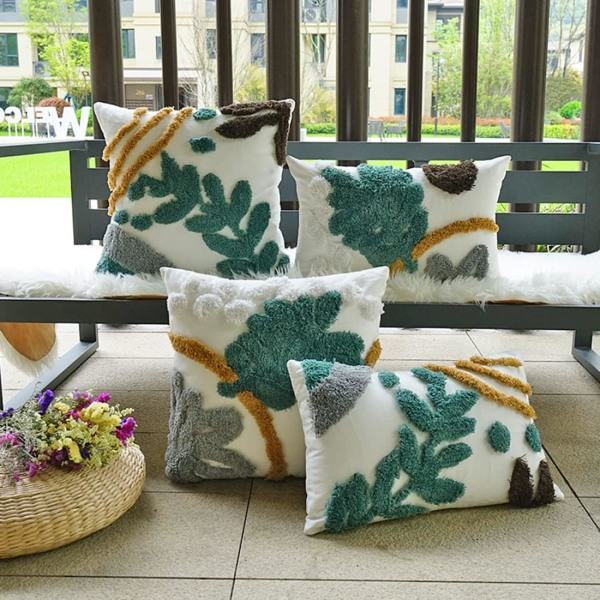IC Bladtuftade pudebetræk - Boho Canvas tekstureret vævet dekorative pudebetræk til sofa, sofa, seng (BladB, 18\"x18\" )