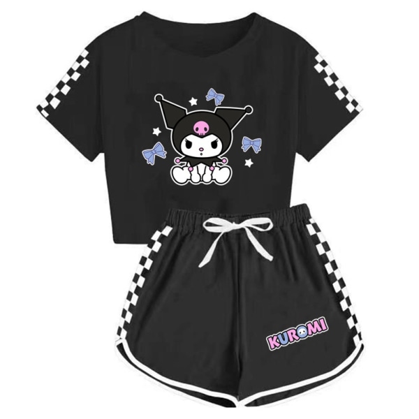 Kids Girls T-Shirt+Shorts Kuromi Printed Short Sleeve Sports Casual Outfits Set Black