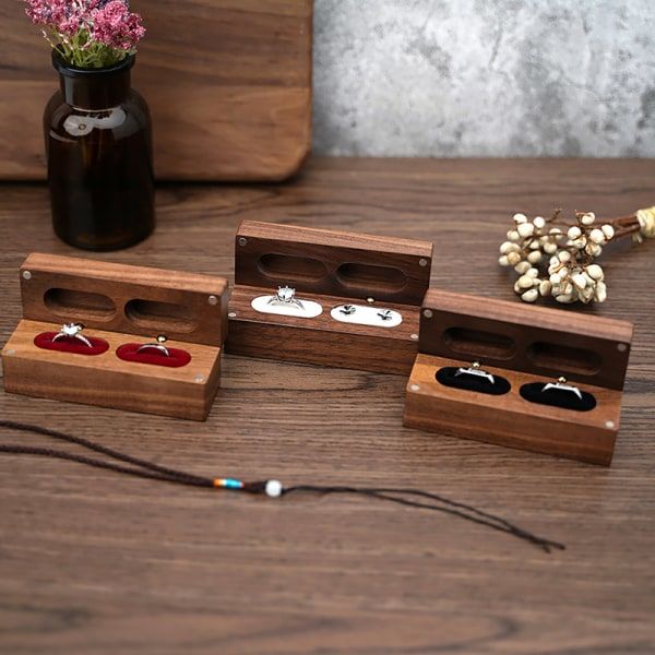 IC Wood Smyckeskrin Vigselringask Smycken Presentförpackning Box Br Svart