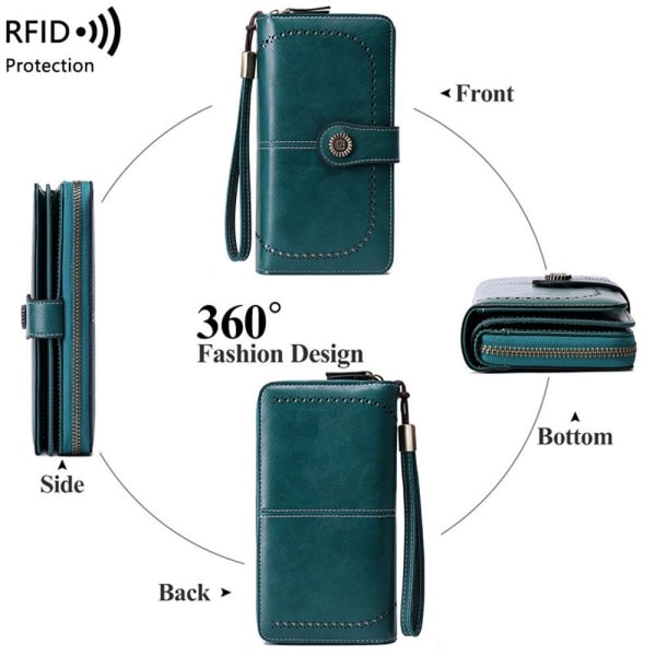 RFID-suojattu nahkainen lompakko pitkällä vetoketjulla Suuri clutch-laukku Viininpunainen