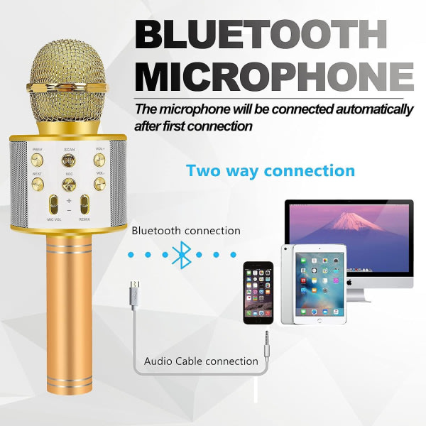 IC Födelsedagspresenter till 6-15 år gammal flicka Pojke, Bluetooth trådlös karaokemikrofon - Guld