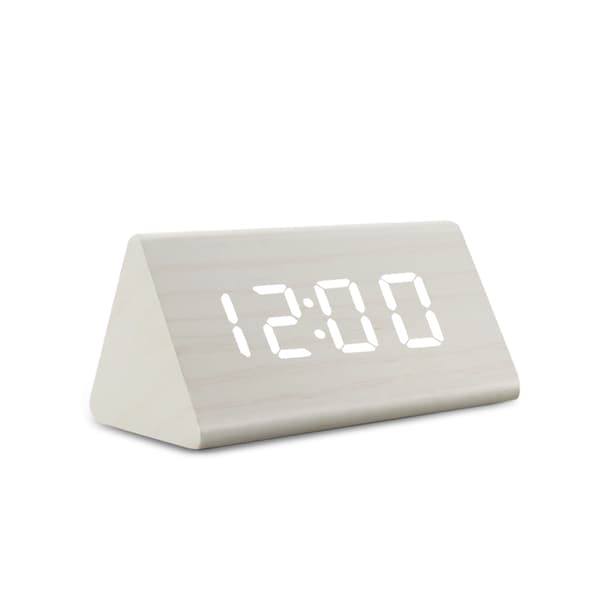 Digital LED-väckarklocka med träfinish, ljud- och ljuskontroll, USB- eller AAA-driven för heminredning, vit s-white white