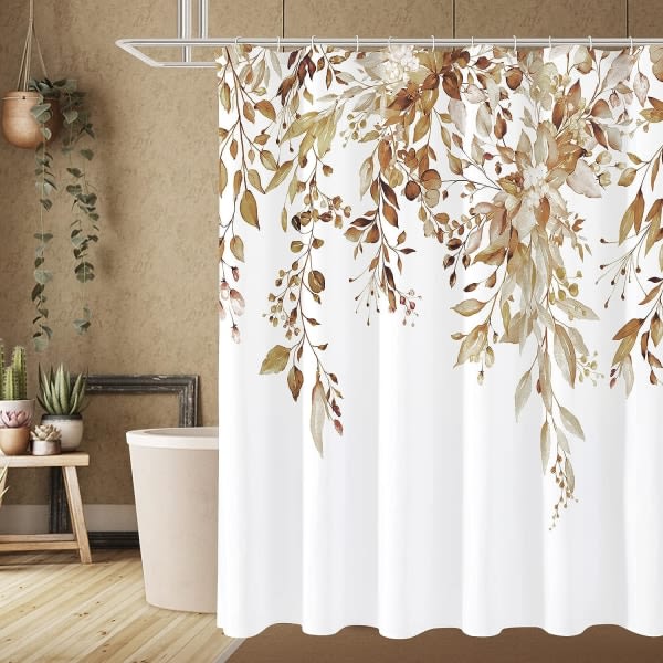 IC Brun Eucalyptus duschdraperi, akvarell växtblad med blommiga badrum duschdraperi set med krokar, 72x72