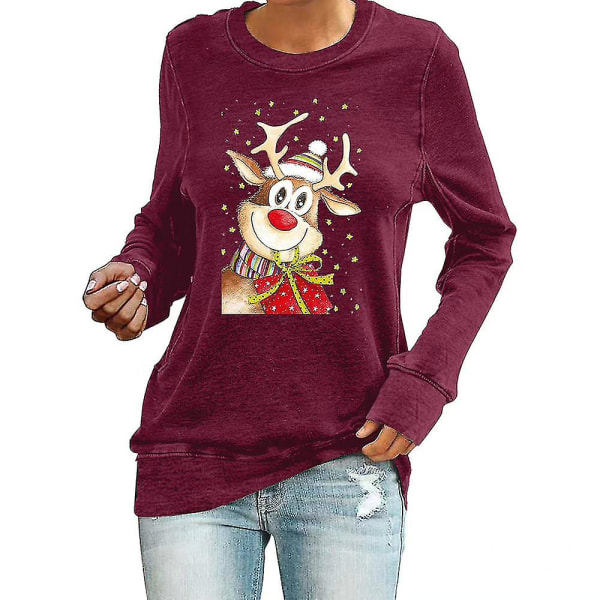 Kvindes Jul-trykt Langærmet T-shirt med Rund Hals, Jul-trøje TopperMWine Red Wine Red M
