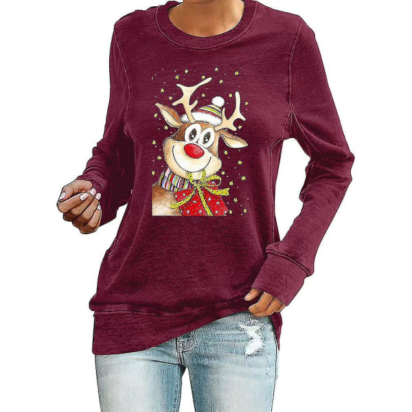 Kvinnors jul- printed långärmad T-paita med rund hals, jul-tröja TopparMWine Red Wine Red M