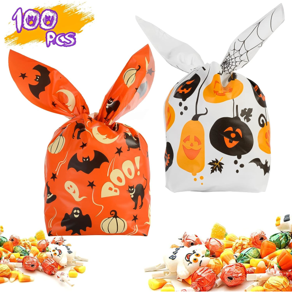 IC 100 ST Halloween Godispåsar Godispåsar, Barn Trick or Treat-påsar Goodiebags, Söta Kaninöron Små Halloween-kakor i Plast Presentpåse för Halloween