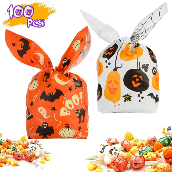 IC 100 ST Halloween godispåsar Godispåsar, Kids Trick or Treat-påsar Goodiebags, Sød kaninöra Små Halloween-kakor i plast presentpåse til Halloween