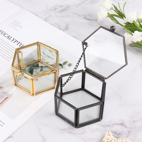 IC Geometrisk Glassmykkeboks Smykker Organisering Holder Ringboks Gull