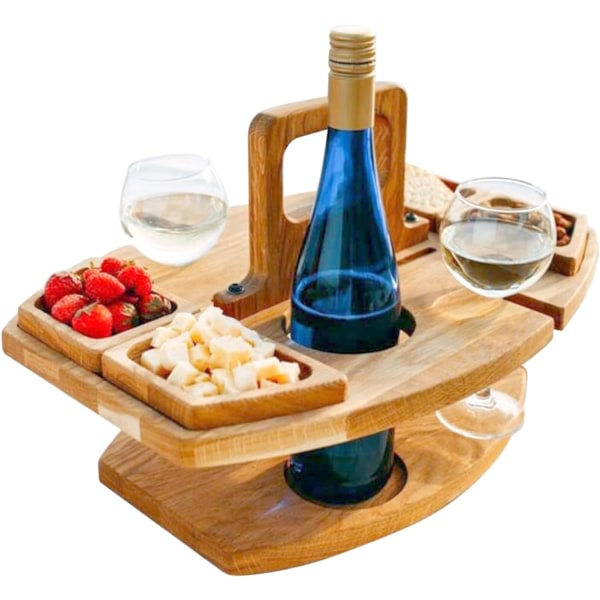Bærbart vinpicknickbord med holdere for 2 vinglas Minisnackbricka i trä
