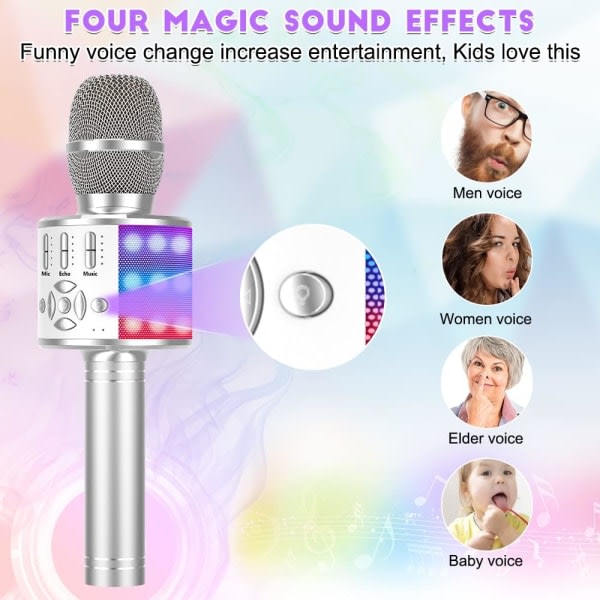 IC Karaoke trådløs Bluetooth-mikrofon for Android/iOS, med opptaksfunksjon, dansende LED-lys - Bærbar, Sølv