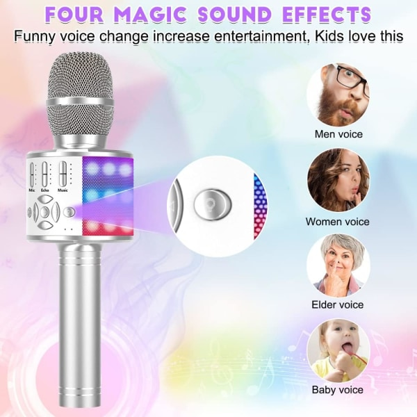 IC Karaoke Trådløs Bluetooth Mikrofon til Android/iOS, med Optagefunktion, Dansende LED-lys - Bærbar, Sølv