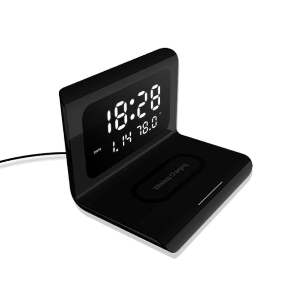 IC 10w trådlös laddningsdyna LED-display väckarklocka svart