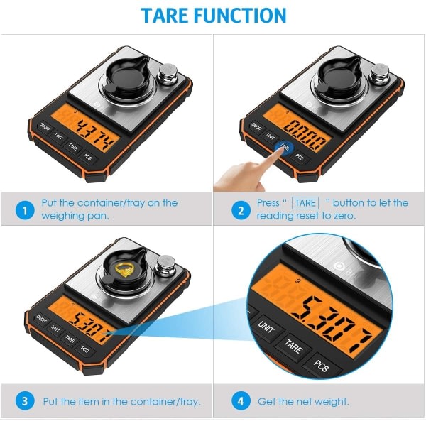 IC Presisjonsvekter, 50g/0,001g presisjonsvekter, LCD kjøkkenvekter, høy presisjonsvekter, milligramvekter oransje