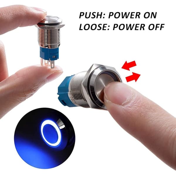 16mm Momentan Trykknappbryter 12V/24V DC 3A Vanntett Krom Messing Trykknappbryter med LED Lys Blå Ring 5 stk