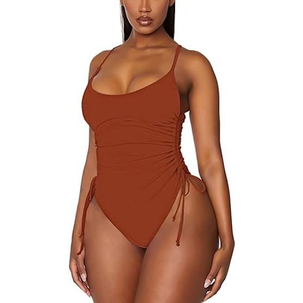 Hot salg dame plisseret højbenet badedragt med mavekontrol Brown XL