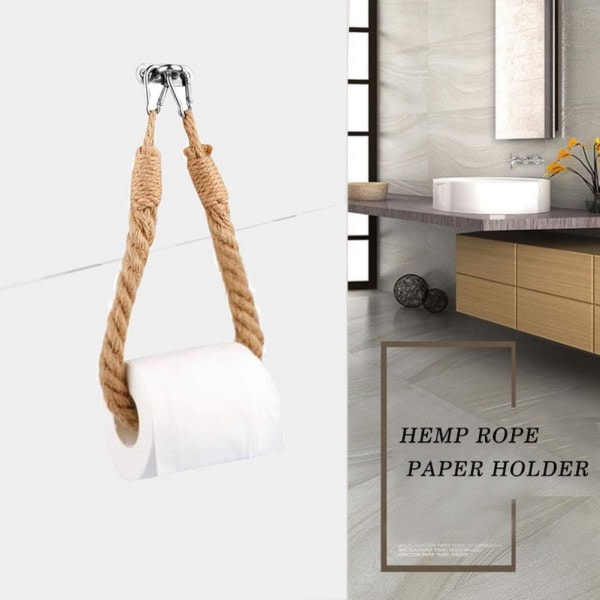 IC Seinäkiinnitteinen WC-paperiteline, WC-paperirullan pidike Puinen WC-paperiteline Seinäkiinnitteinen hamppu köysi Säilytys (Ruskea, 2 x 49 cm)