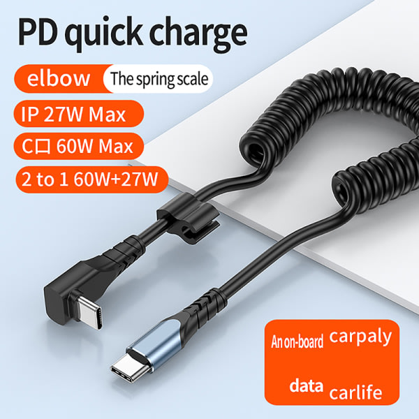 IC Bilfjäder USB C-kabel til telefon PD 60W Hurtigladning Typ C til