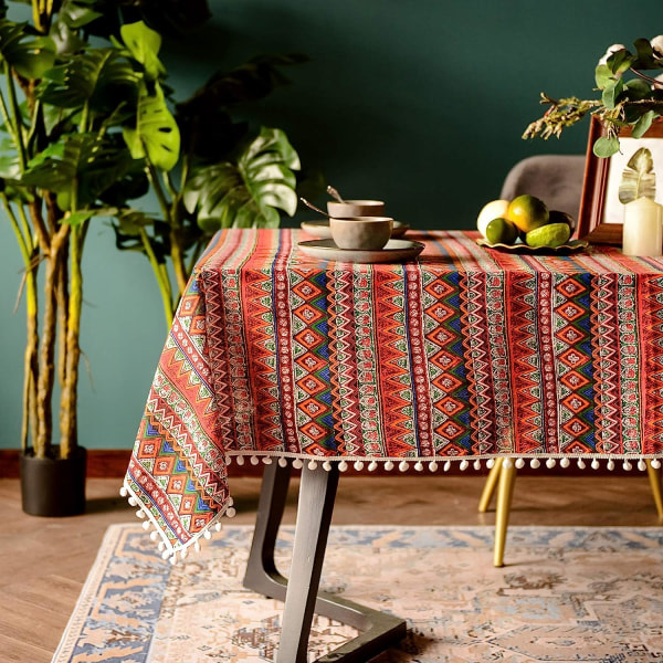 IC Pompom-tofs duk for Bohemian rektangulært borddeksel, Skrynkelfri linne Bohemian Style Design bordduk (rød, 60\"x84\")