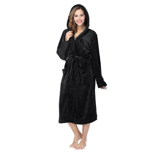 Vinterrock i varm fleece for kvinder med huva, lang badrock med luva i plysch Black L