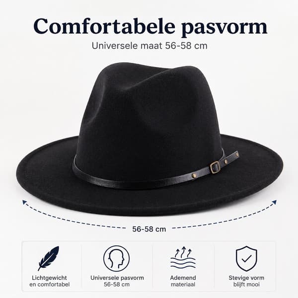 Uld Fedora Hat til kvinder, bredskygget Panama-stil filthat med spændebånd, elegant solhat til alle årstider til bryllup, strandrejser, sort