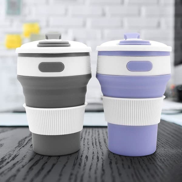 IC Vikbar Resekopp i Silikon (Lila + Blå), 2 st Vikbar Hopfällbar Kaffe Mugg Bärbar Silikonmugg för Resor
