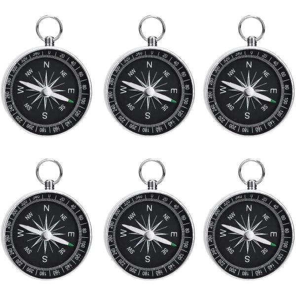 6 st Bärbar Silverkompass Minikompass Barnnyckelring Kompass Plastficka Kompass Metallfäste IC