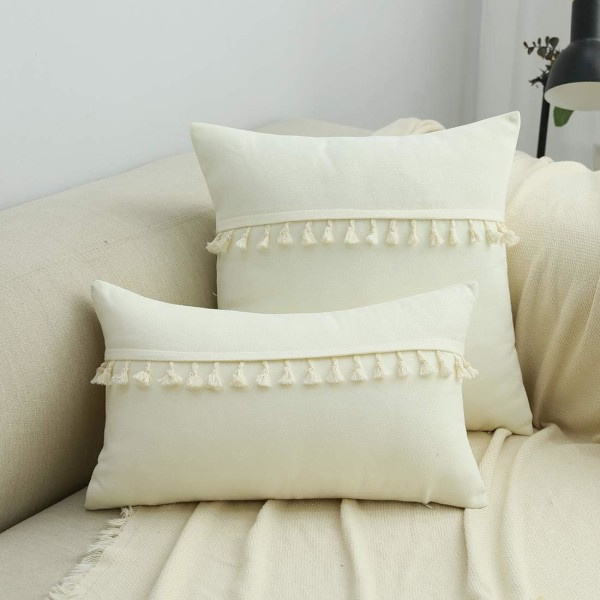 IC Boho Dekorativt Ryggstöd med Tofsar för Soffan Supermjukt Solid Case (Off White, 12\"x20\")