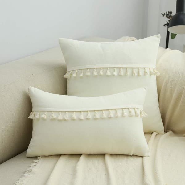 IC Boho Dekorativt Ryglæn Cover med Kvaster til Sofa Superblød Solid Case (Off White, 12\"x20\")