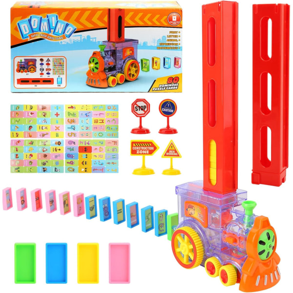 IC Domino-sett, 80 morsomme og fargerike Domino-rallytog for å bygge og stable Domino med 2 Domino-etui for gutter og jenter