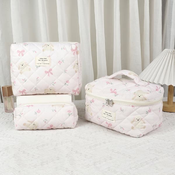 Skycases 3-pak makeuptaske sæt, quiltede kosmetiktasker i bomuld med lynlås, blomstrede rejsetoilettasker til kvinder, pink