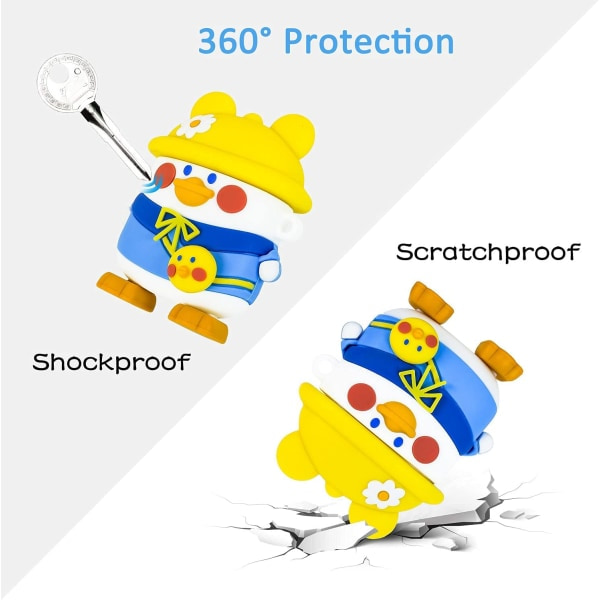 Airpods 1 & 2 -kotelo, söt 3D-piirretty silikoninen, iskunkestävä kotelo avaimenperällä (vaihdettavat ankan hatut)