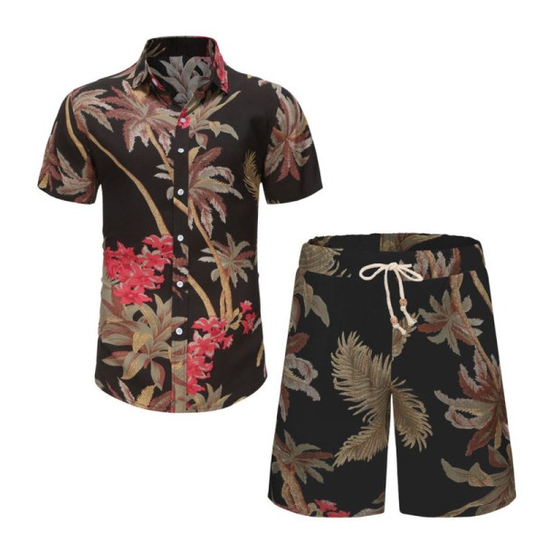 Hawaiian skjortor för män Asut, 2-delad kortärmad skjorta och shortsit set Black S