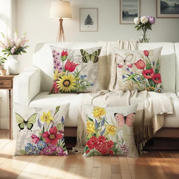 4 pudebetræk - 45*45 cm, hør, blomster-sommerfuglemønster - uden kerne - til sofa, stue, udendørs - hvid