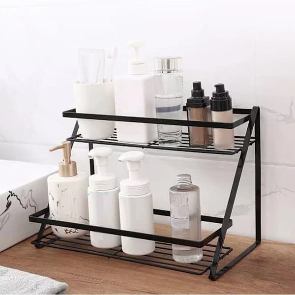 Kitchen Countertop Storage Rack Space Saving Multifunctional 2-Tier Spices Toiletries Makeup Counter Standing Shelf Black 0.9 0.9