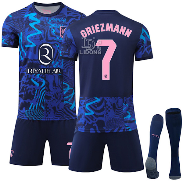 Atletico Madrid 2 bortedrakt nr. 19 Alvarez 7 Griezmann fotballdrakt ny blå sportsdrakt Size 7 with socks + protective gear #XS