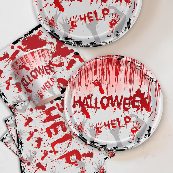 IC Halloween-festtallrik och set 96 delar Bloody-tema porslin Halloween blodiga papperstallrikar för halloween-festbordsdekorationer, 24 gäster