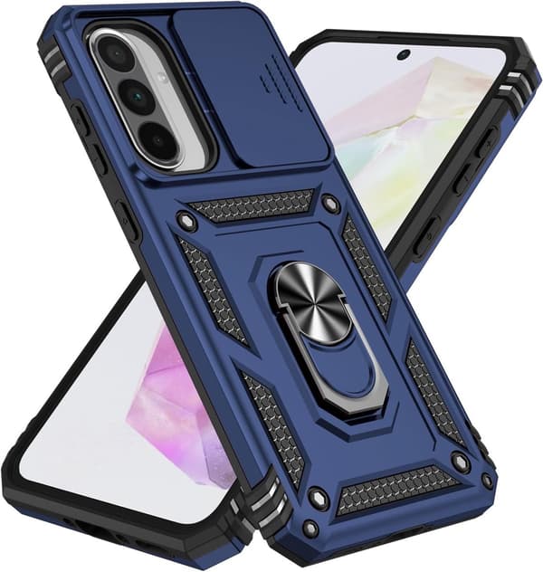 Samsung Galaxy A56 5G Telefoncover, Robust PC Stødsikker Rustning Med Skydende Kameradæksel, 360° Ringstativ, Blå